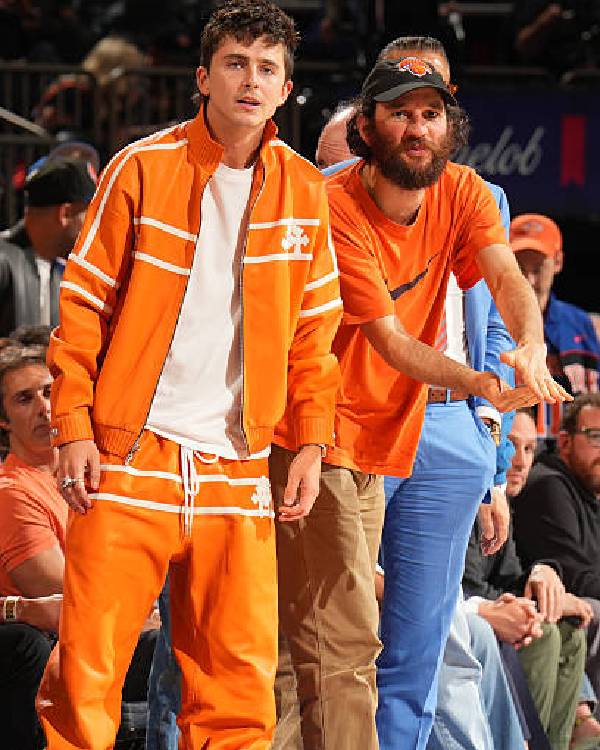 Timothée Chalamet NBA Finals Game 3 Orange Tracksuit