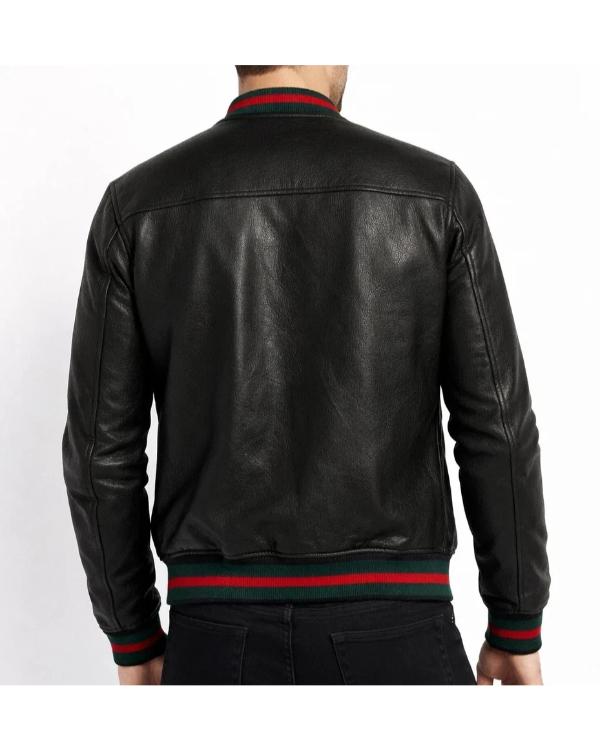 Men's Black Leather Green & Red Striped Rib-Knit Trim Varsity Bomber Jacket