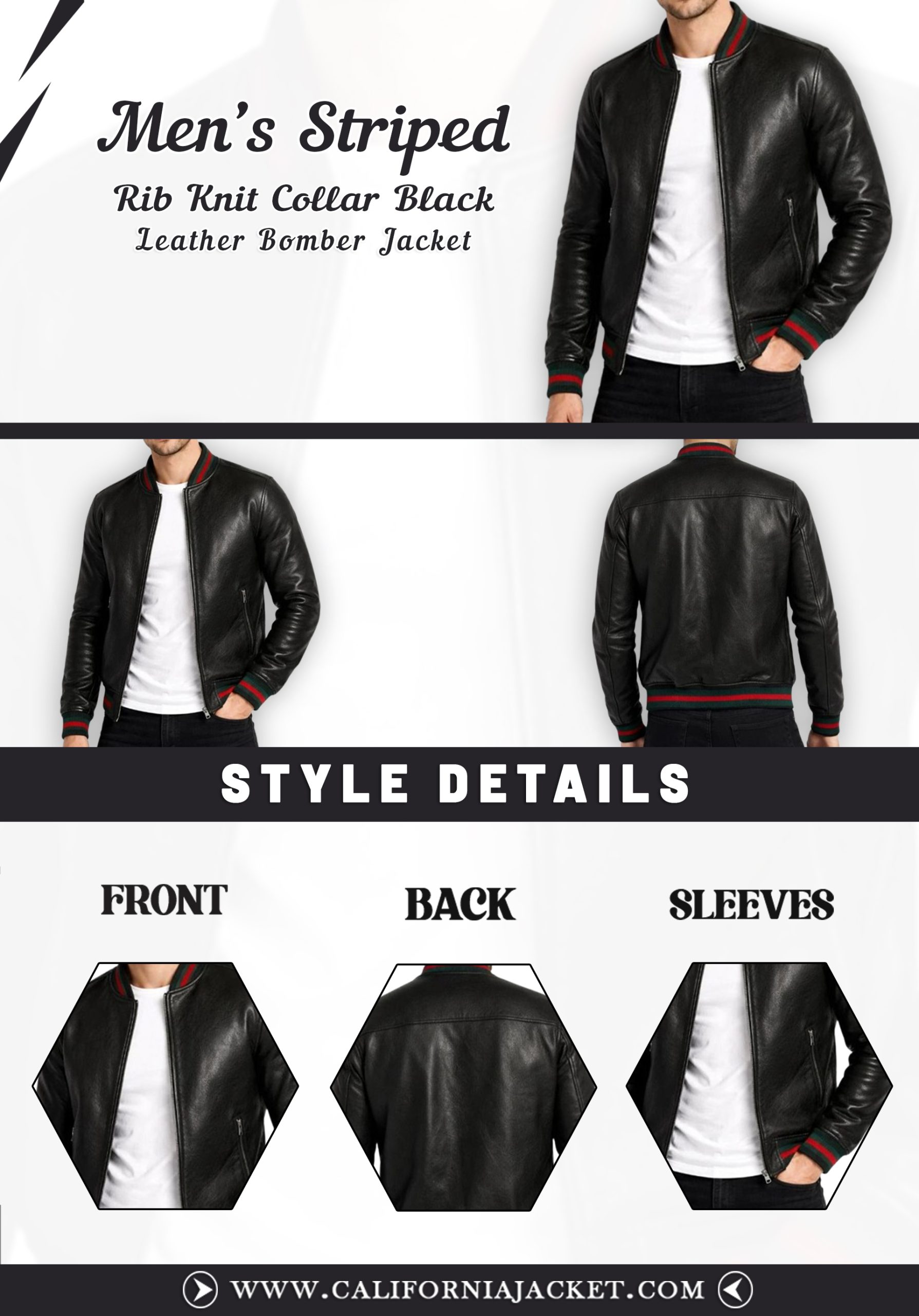 Men’s-Striped-Rib-Knit-Collar-Black-Leather-Bomber-Jacket