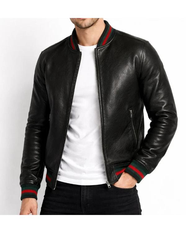 Men's Striped Rib Knit Collar Black Leather Bomber Jacket