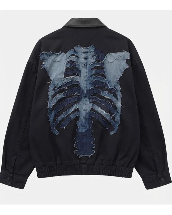 Halloween Denim Patch Skeleton Rib Cage Black Leather Collar Jacket
