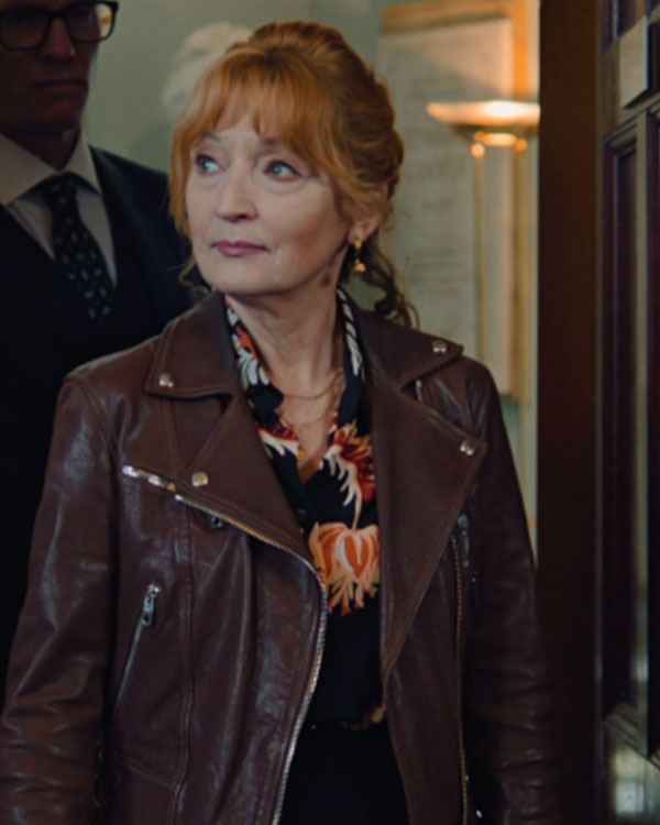 Marble Hall Murders S01 Lesley Manville Brown Leather Jacket